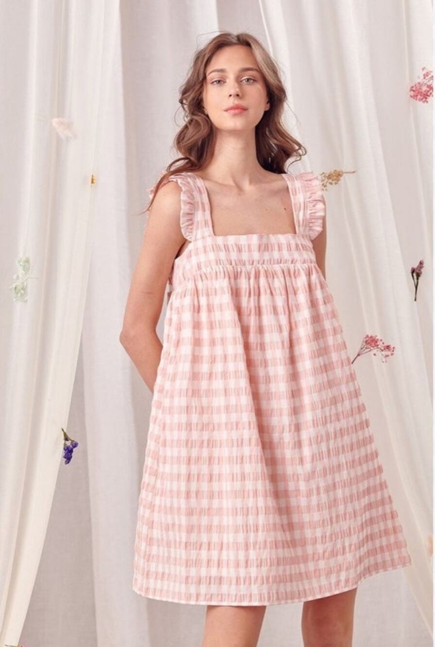 Storia Pink Gingham Babydoll Mini Dress Pockets Cottagecore Size M